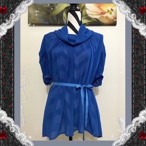 Royal Blue Cow Neck Tied Waist Loose Blouse